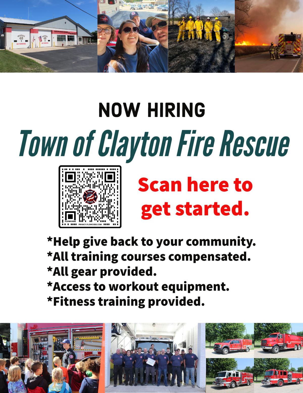 Now Hiring - Town of Clayton Fire Rescue flyer